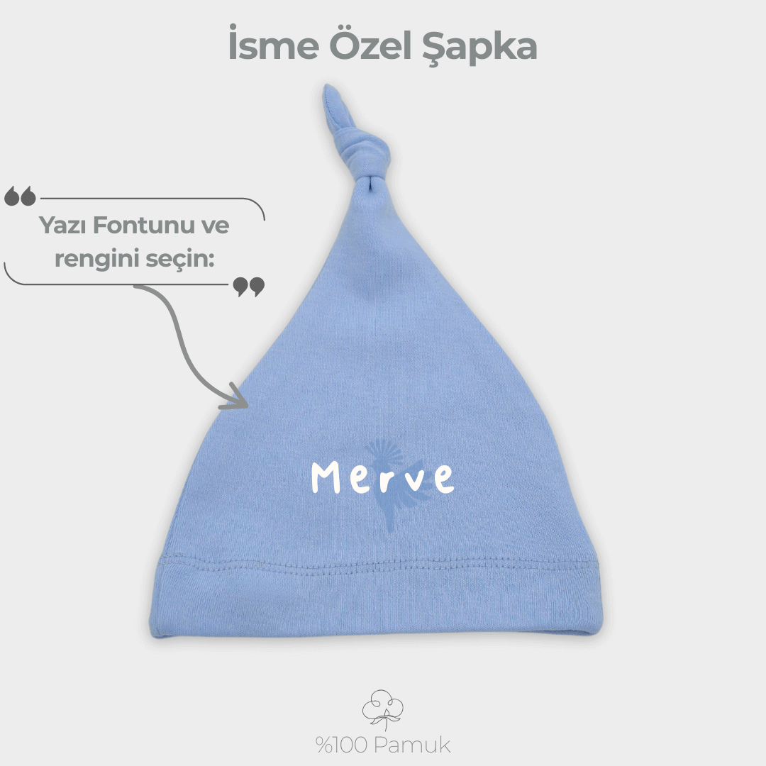 İsme Özel %100 Pamuklu Düğümlü Bebe Mavisi Şapka