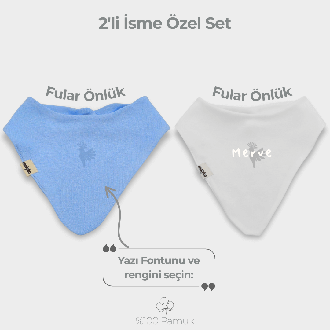 İsme Özel 2'li Fular Önlük Seti %100 Pamuklu Bebe Mavisi