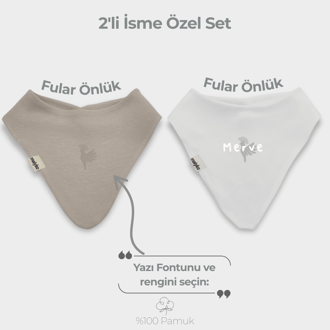 İsme Özel 2'li Fular Önlük Seti %100 Pamuklu Taş Rengi