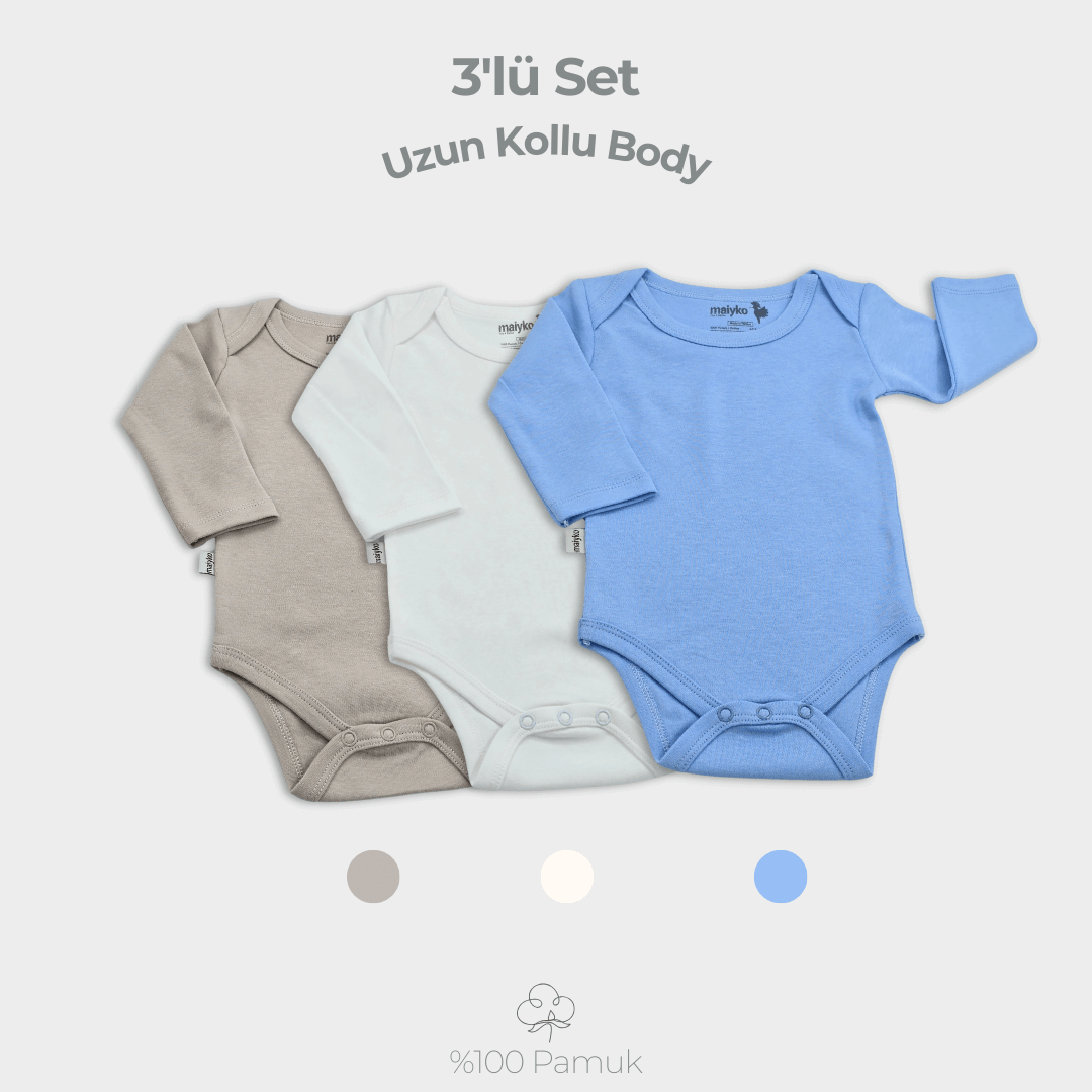 3'lü Uzun Kollu Body Set %100 Pamuk Bebe Mavisi