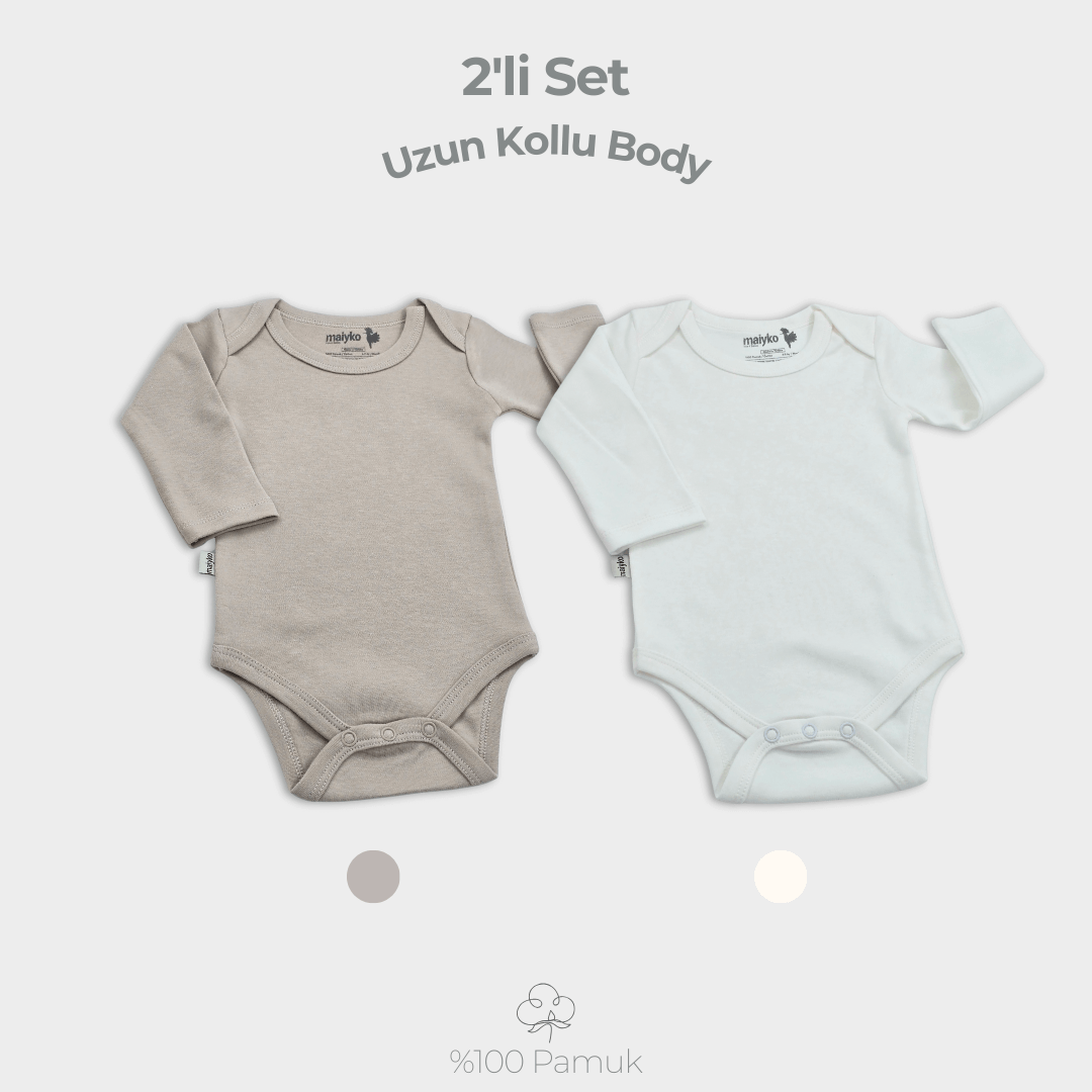 2'li Uzun Kollu Body Set %100 Pamuk Taş ve Ekru