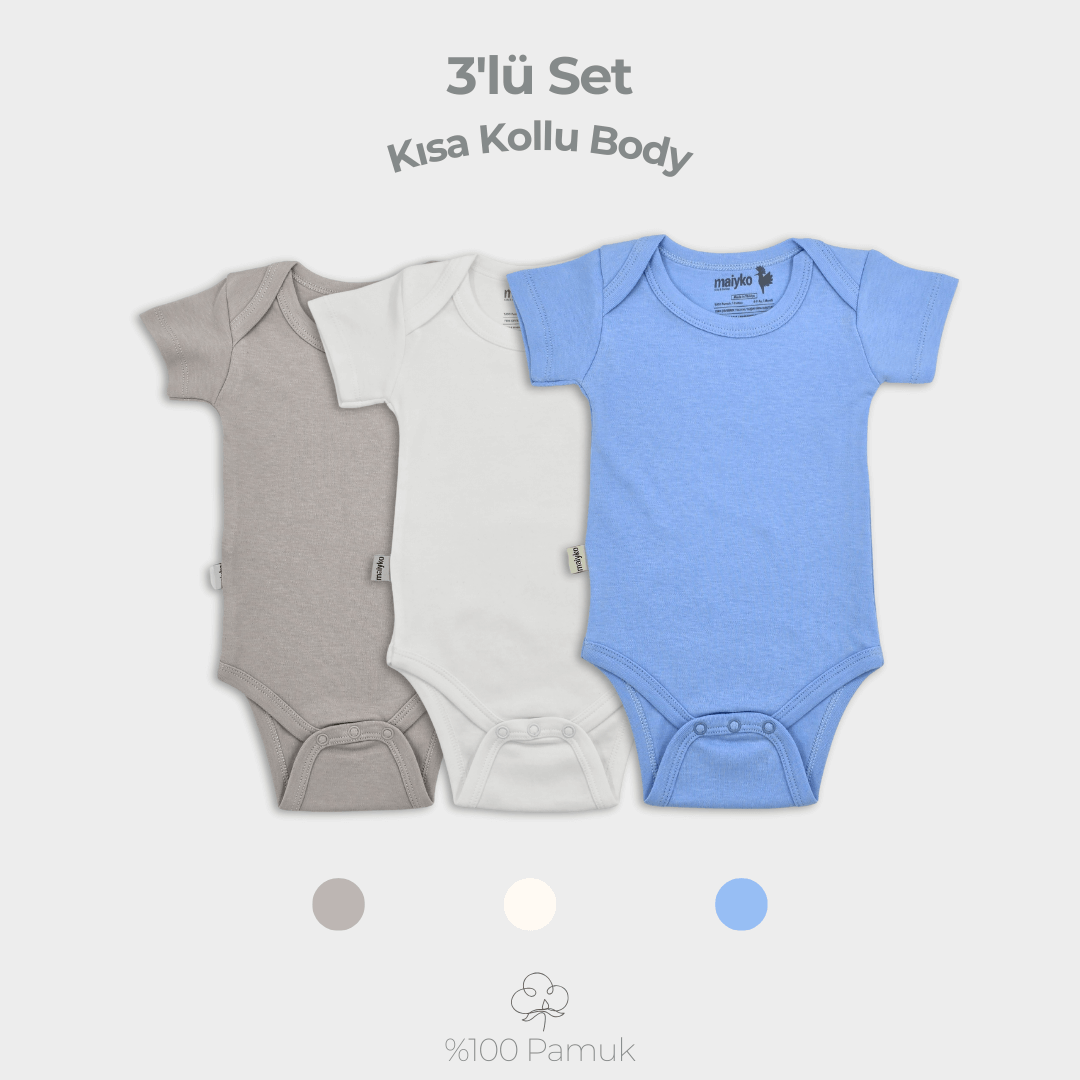 3'lü Kısa Kollu Body Set %100 Pamuk Bebe Mavisi
