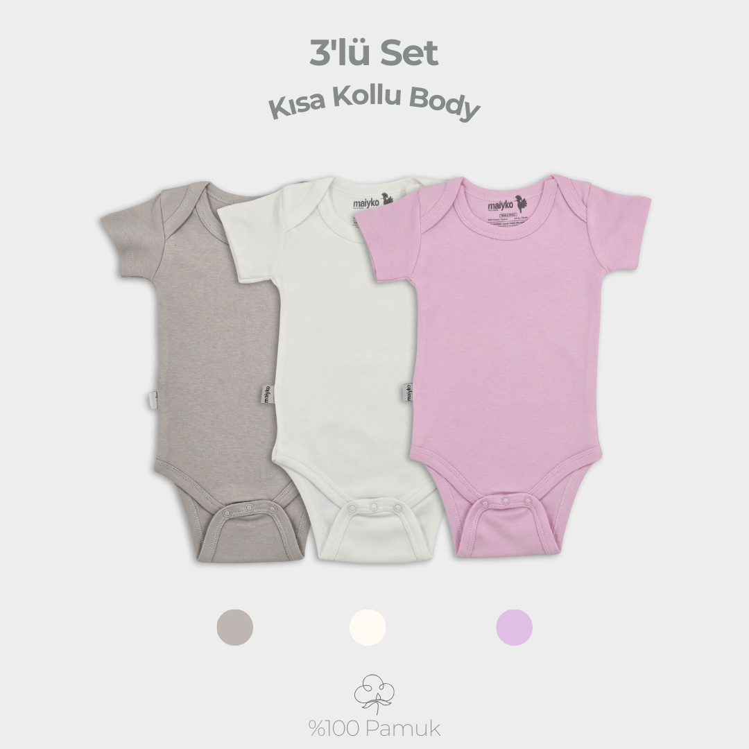 3'lü Kısa Kollu Body Set %100 Pamuk Pastel Pembe