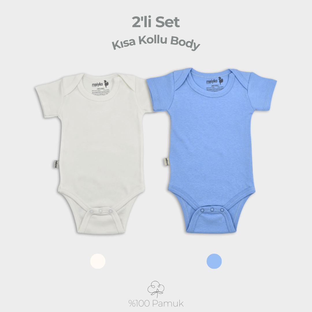 2'li Kısa Kollu Body Set %100 Pamuk Bebe Mavisi ve Ekru