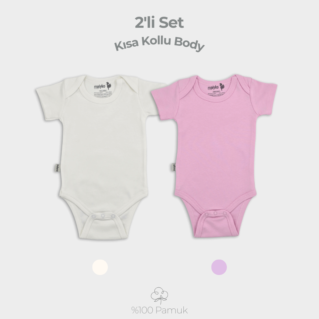 2'li Kısa Kollu Body Set %100 Pamuk Pastel Pembe ve Ekru