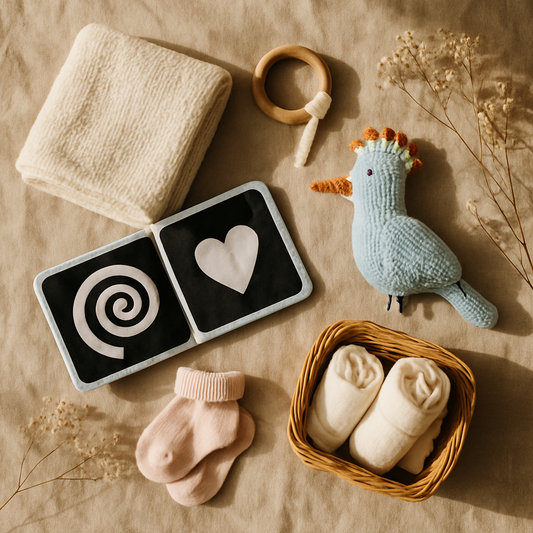 0-6 ay bebek için sakin oyun aktiviteleri — flat lay bebek battaniyesi, ahşap çıngırak, bez kitap, peluş hoopoe kuş, organik pamuk çorap