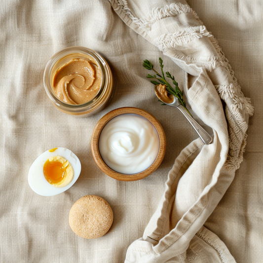 Warm bej keten üzerinde ahşap kasede yoğurt, haşlanmış yumurta, fıstık ezmesi kavanozu ve buğday galetası flat lay — bebeklere alerjen besinler nasıl tanıtılır güvenli sıra