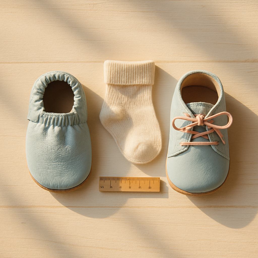Pale ahşap zemin üzerinde yan yana iki bebek ilk adım ayakkabısı — solda esnek ince tabanlı barefoot model, sağda daha yapılandırılmış ortopedik model; barefoot mu ortopedik mi karşılaştırması