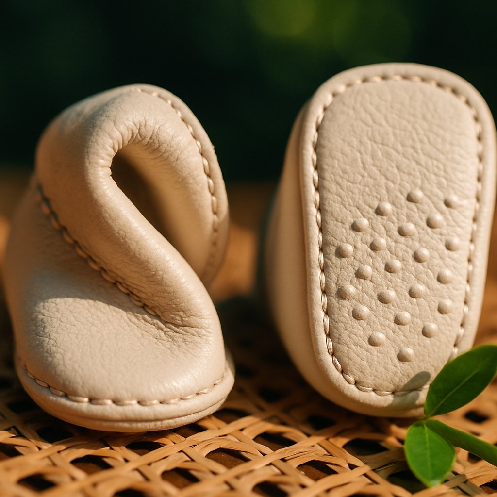 Yan yana iki ilk adım bebek ayakkabısı tabanı — solda esnek bükülmüş barefoot krem deri taban, sağda kaymaz noktalı yapılı taban; makro çekim, orman yeşili bokeh