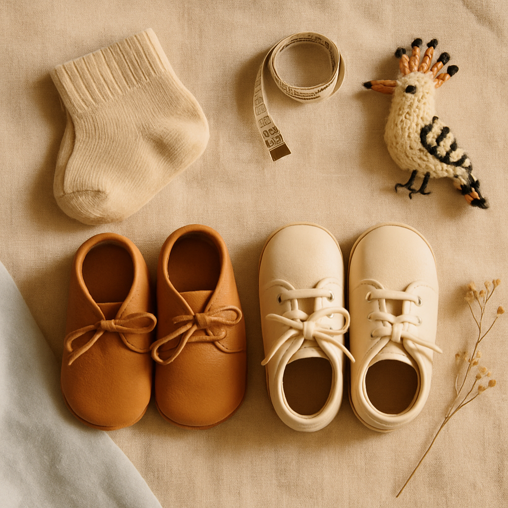 Yan yana iki bebek ayakkabısı: barefoot tasarımlı esnek deri ve geleneksel destekli model — düz çekim still life