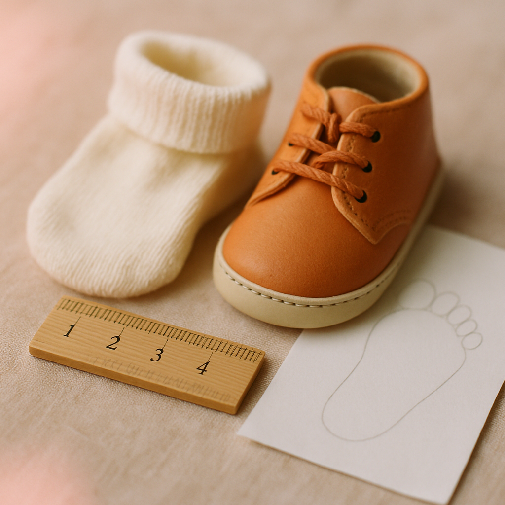 Warm beige keten yüzey üzerinde küçük bir bebek çorabı, minik ilk adım ayakkabısı, ahşap cetvel ve ayak izi çizilmiş katlanmış beyaz kağıt — bebek ayak ölçüsü nasıl alınır