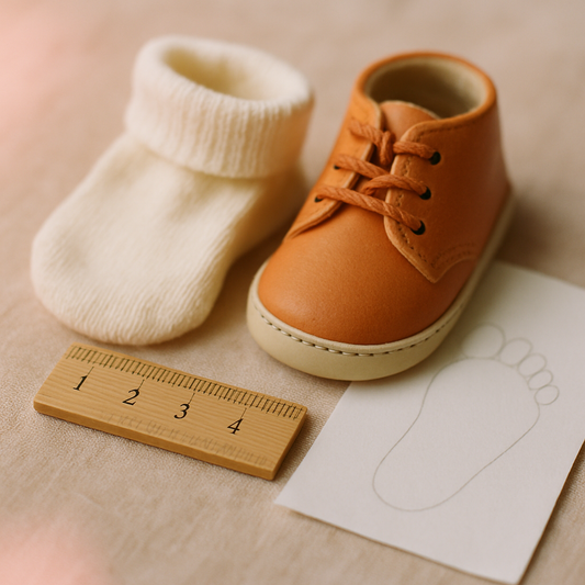 Warm beige keten yüzey üzerinde küçük bir bebek çorabı, minik ilk adım ayakkabısı, ahşap cetvel ve ayak izi çizilmiş katlanmış beyaz kağıt — bebek ayak ölçüsü nasıl alınır