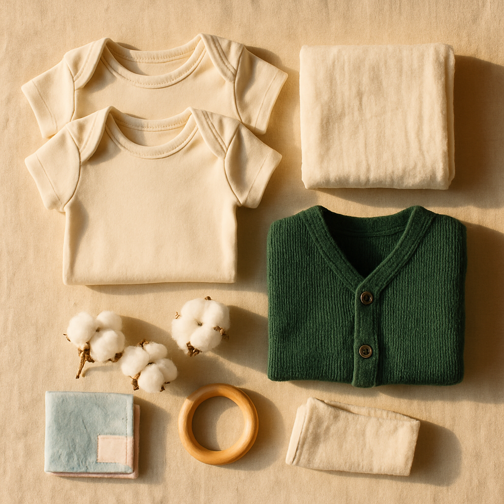 Warm beige keten zemin üzerinde üstten düz çekim: katlanmış krem organik pamuk bebek bodyleri, müslin örtü, orman yeşili örgü hırka, ham pamuk kozalakları ve ahşap diş kaşıyıcı halka — bebek cildi neden hassas ve organik tekstilin önemi