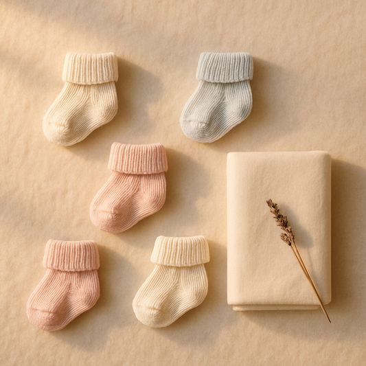 Soft cream wool weave yüzey üzerinde organik pamuk yenidoğan bebek çorapları ve katlanmış kundak — Maiyko bebek aksesuar düzenlemesi