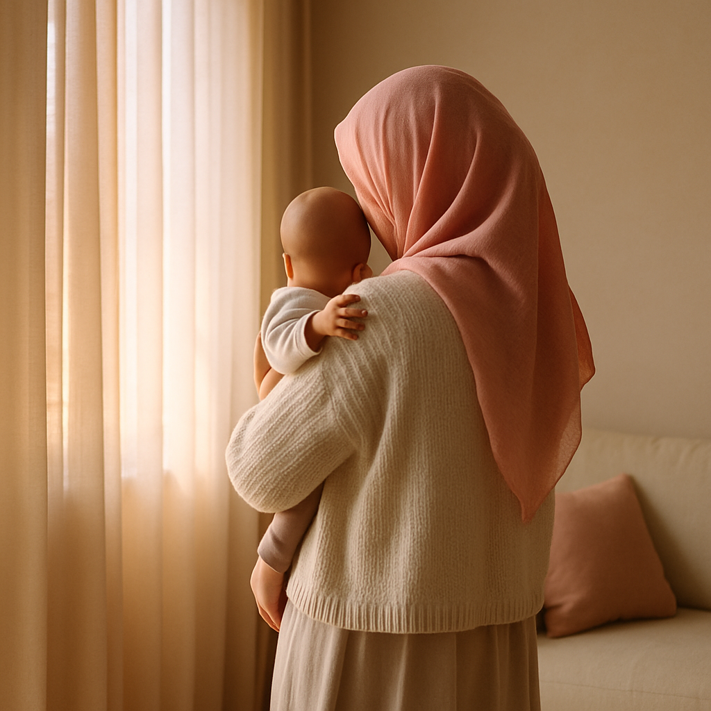 Sabah ışığında pencere kenarında bebeğini kucağında tutarak onunla yumuşak sesle konuşan, petal pembe başörtülü anne; arkadan görünüm — bebeklerde dil gelişimi ve agulama dönemi