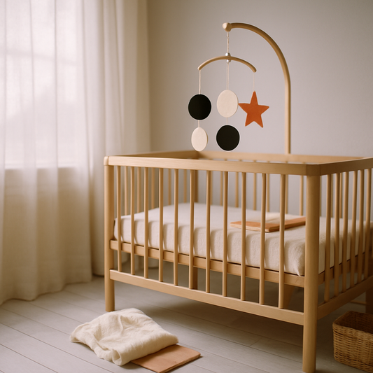 Sakin bir bebek odasında ahşap beşik, üzerinde yüksek kontrastlı geometrik mobil ve buz mavisi keten perdeli pencereden süzülen yumuşak ışık; bebek görme gelişimini destekleyen nursery ortamı