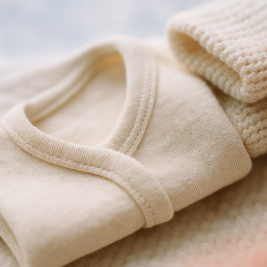 Soft cream wool weave yüzey üzerinde tertemiz yıkanmış katlanmış organik pamuk bebek bodysi ve örgü giysisinin makro yakın çekimi; bebek kıyafetleri nasıl yıkanır organik pamuk bakım rehberi
