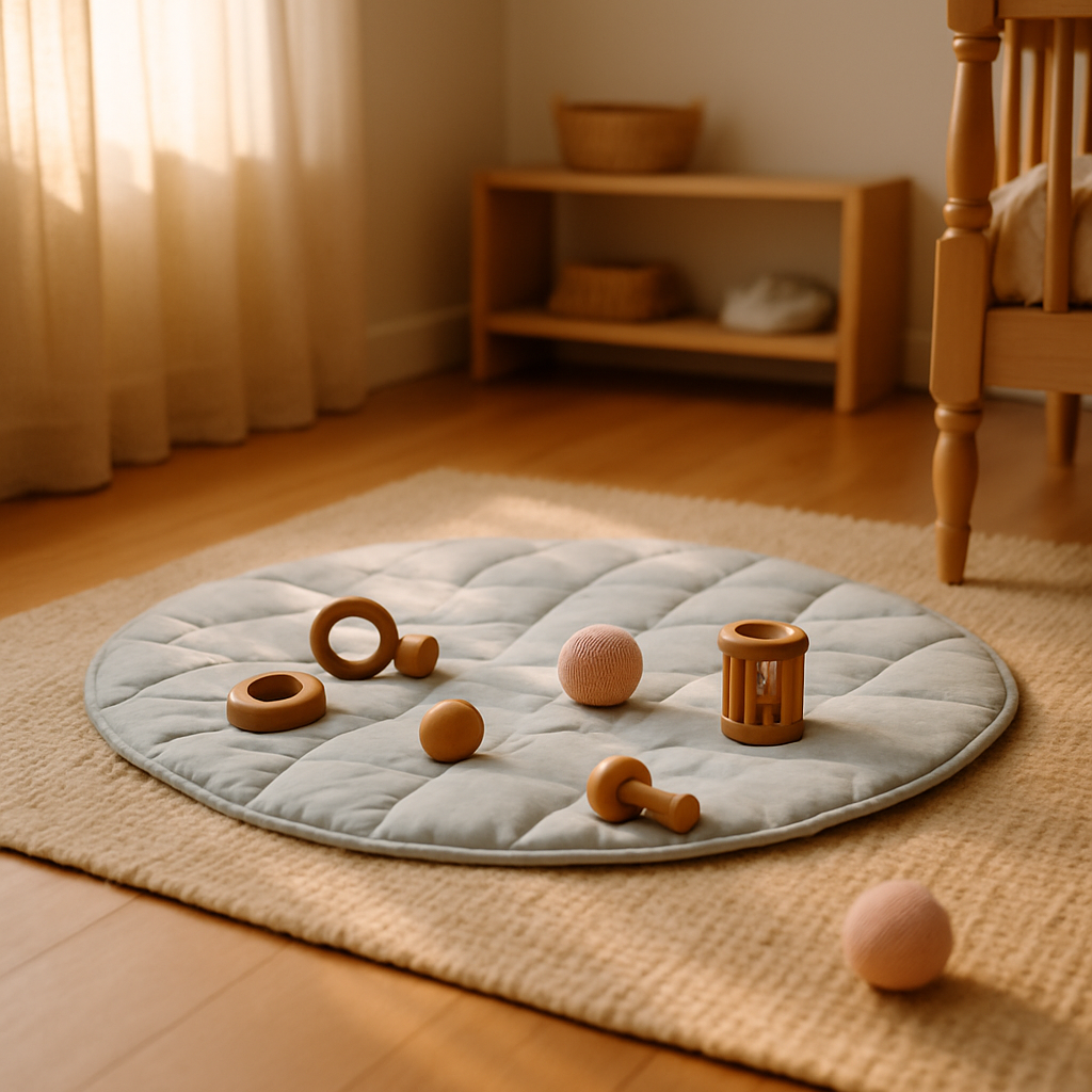 Aydınlık bebek odasında ahşap zeminde krem yün halı üzerine serili kapitone organik pamuk oyun matı, ahşap oyuncaklar ve petal pembe örgü top; ikindi yan ışığı, alçak açı — bebek ne zaman emekler aydan aya emekleme gelişimi