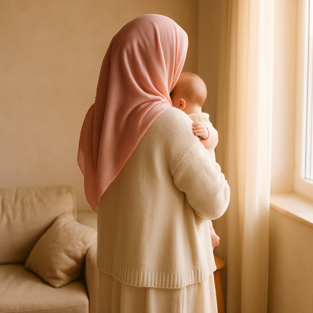 Pencere kenarında bebeğini kucağında tutan tesettürlü anne, petal pembe başörtüsü; arkadan görünüm, sabah ışığı — bebek ne zaman gülümser sosyal gelişim