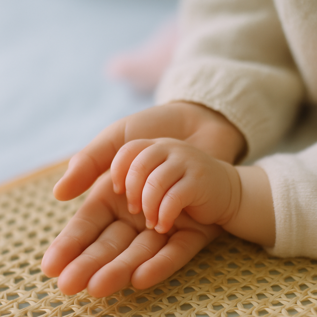 Annenin avucunda dinlenen bebeğin minik elinin makro yakın çekimi; bebek dil gelişiminde ten teması ve şefkatli iletişim anı, doğal hasır yüzey ve buz mavisi bokeh