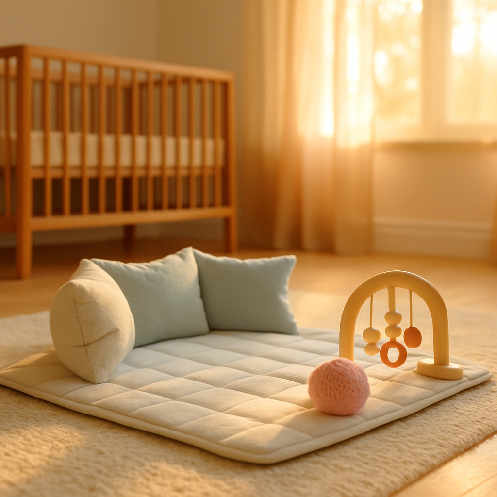 Aydınlık bebek odasında yerde kapitone organik pamuk oyun matı, destek minderleri, ahşap oyuncaklar ve örgü top; alçak açı, yumuşak ikindi ışığı — tummy time karın üstü yatırma ve bebek boyun kontrolü gelişimi için zemin oyun alanı
