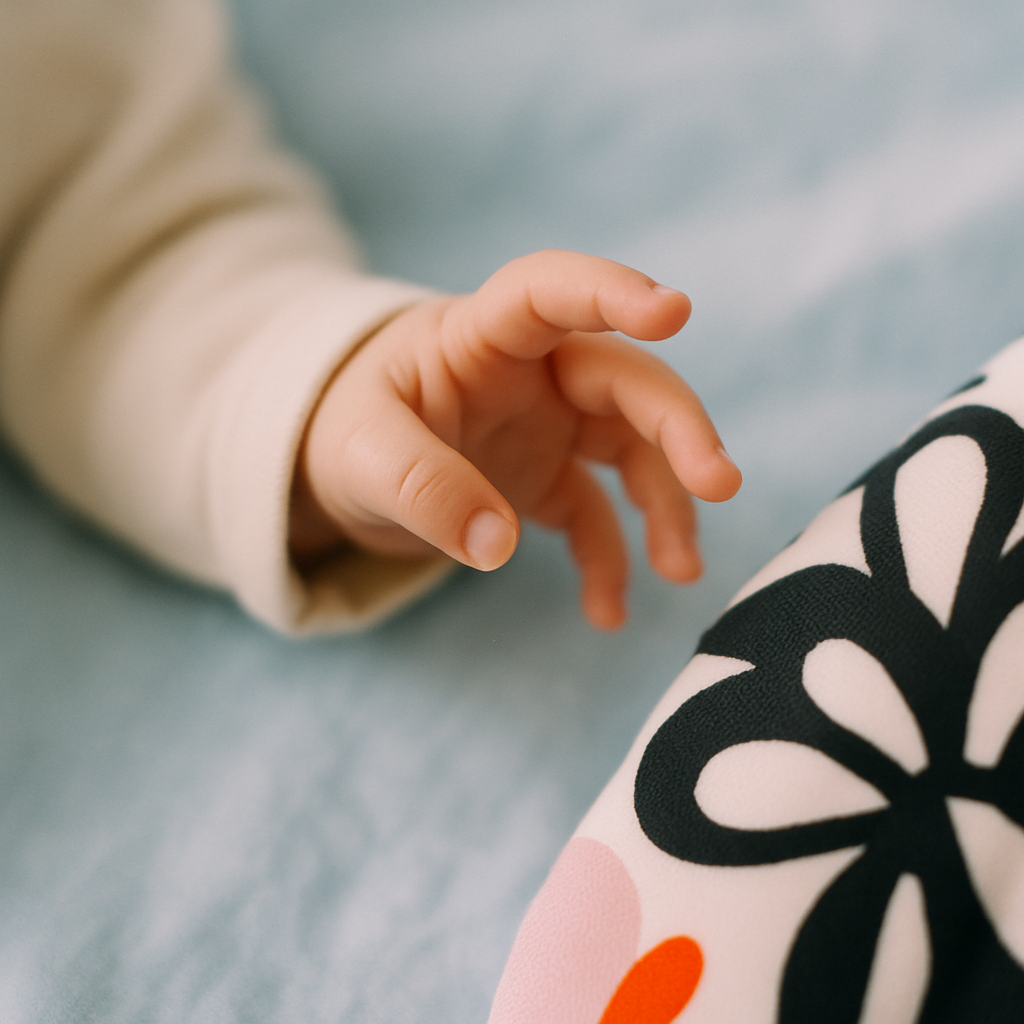 Nesneleri gözüyle takip etmeyi öğrenen bebek elinin yüksek kontrastlı bir oyuncağa uzanması