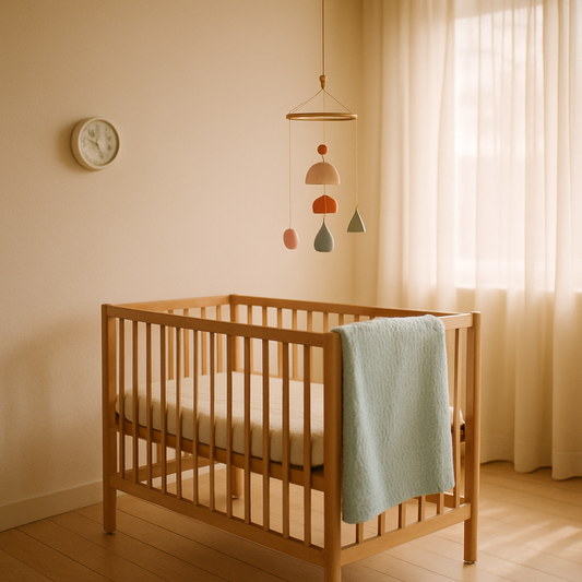 Bebek odasında ahşap beşik, hanging mobile, buz mavisi örgü battaniye ve duvarda oda termometresi; mevsime göre ideal bebek odası sıcaklığı için sakin nursery ortamı