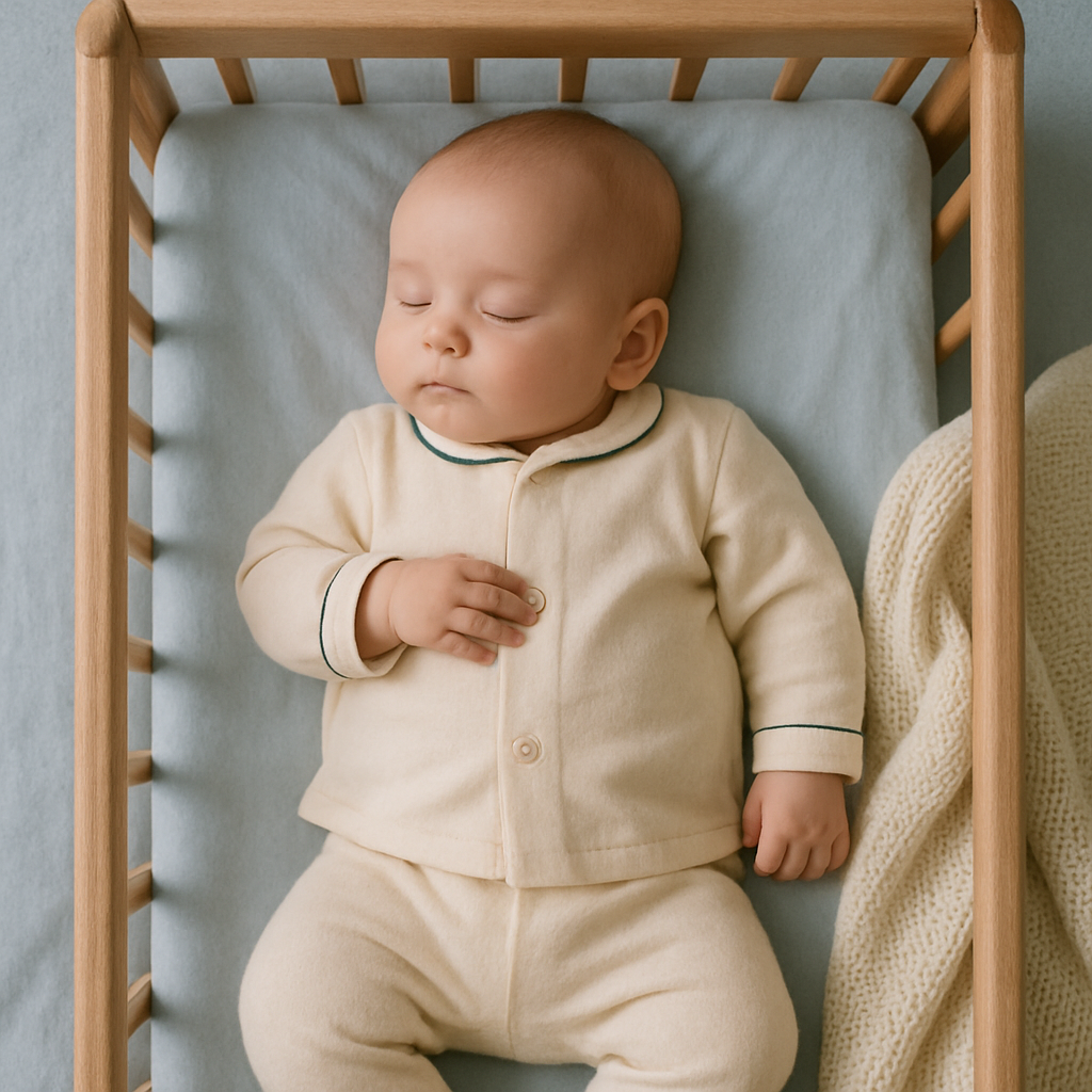 Ahşap beşikte krem organik pamuk pijama giymiş huzurla uyuyan bebek, üstten görünüm; bebek pijaması nasıl seçilir organik pamuk gece giyim rehberi