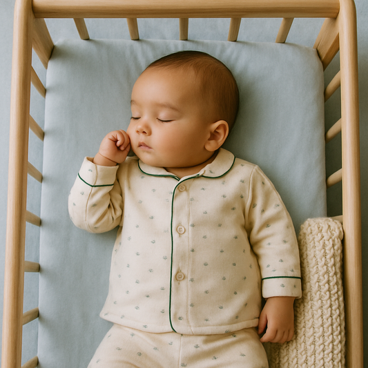 Ahşap beşikte krem organik pamuk pijama takımı içinde, orman yeşili biye detaylı, gözleri kapalı huzurla uyuyan bebek; buz mavisi pamuk çarşaf, üstten görünüm — bebek pijaması nasıl seçilir kumaş ve beden rehberi