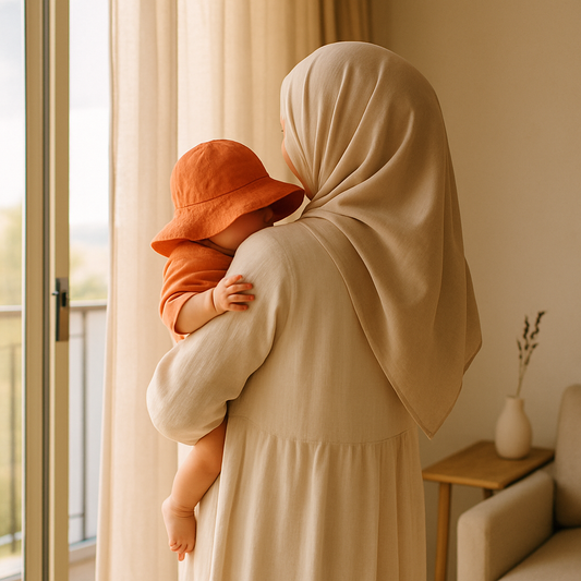 Pencere kenarında bebeğini kucağında tutan tesettürlü anne, bebek yumuşak organik pamuk yaz şapkası giymiş; arkadan görünüm — bebek şapkası nasıl seçilir yaz güneş koruma rehberi