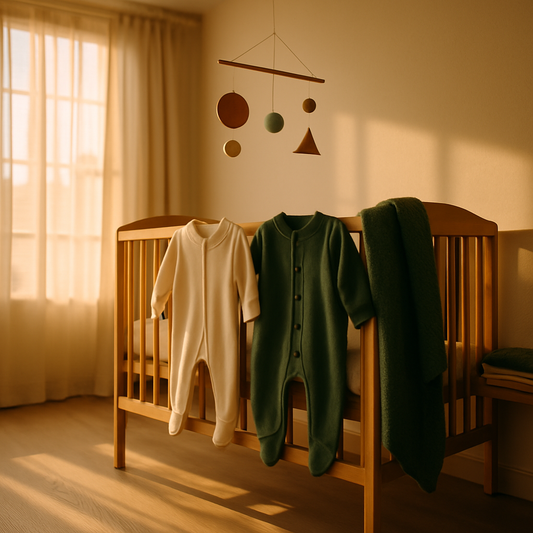 Ahşap beşik korkuluğuna serilmiş iki organik pamuk bebek tulumu — solda fermuarlı krem tulum, sağda çıtçıtlı orman yeşili tulum; bebek odasında alçak açı — bebek tulumunda fermuar mı çıtçıt mı karşılaştırması