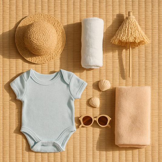 Hasır plaj matı üzerinde bebek güneş şapkası, müslin örtü, plaj şemsiyesi, nefes alan organik pamuk body ve deniz kabukları flat lay