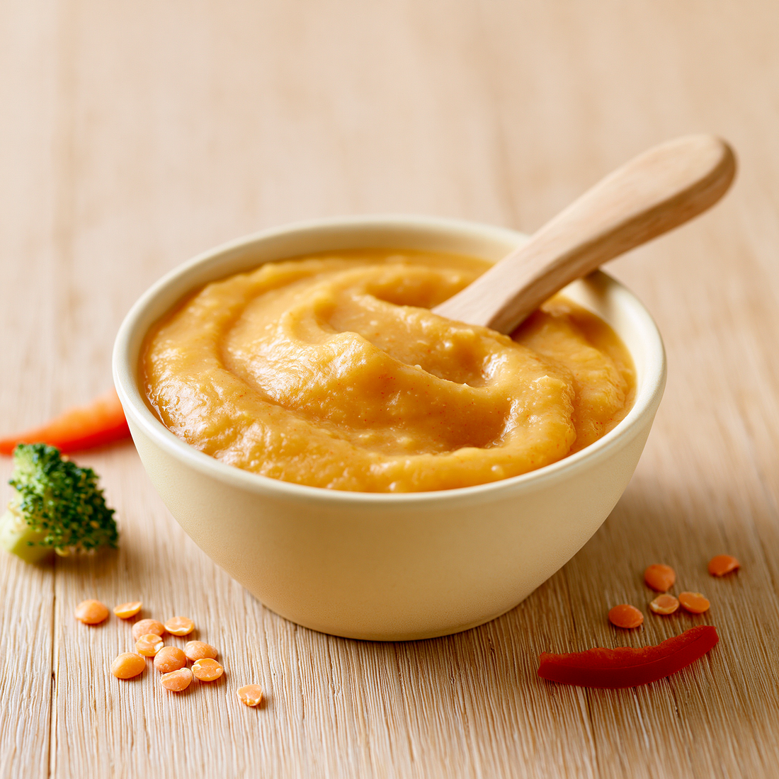 Açık meşe ahşap masada krem seramik kasede kremsi kayısı renkli mercimek-balkabağı püresi, ahşap bebek kaşığı, yanında kırmızı mercimek taneleri, brokoli ve kırmızı biber — bebekler için demir açısından zengin besinler