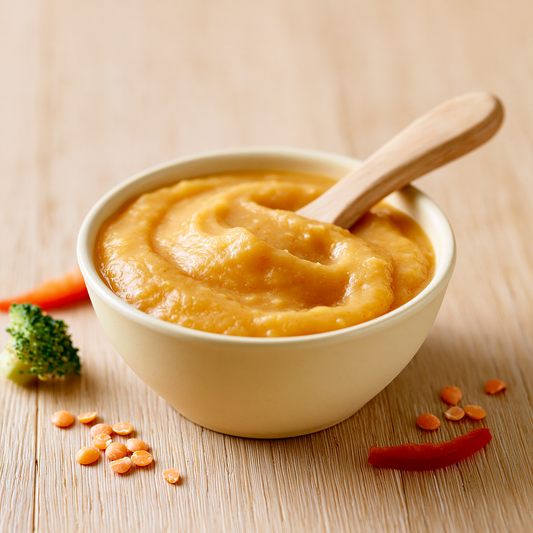 Açık meşe ahşap masada krem seramik kasede kremsi kayısı renkli mercimek-balkabağı püresi, ahşap bebek kaşığı, yanında kırmızı mercimek taneleri, brokoli ve kırmızı biber — bebekler için demir açısından zengin besinler