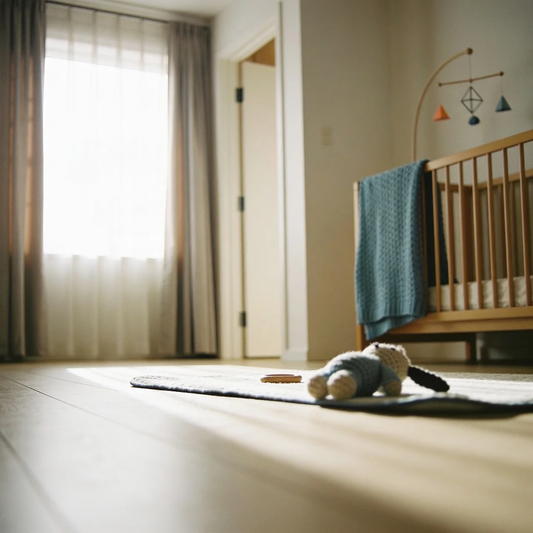 Açık ahşap zeminli boş bebek odası: ahşap beşik, buz mavisi örgü battaniye, yerde bırakılmış örgü oyuncak ve tül perdeden süzülen ışık — bebeklerde ayrılık kaygısı