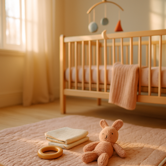Aydınlık bebek odasında ahşap beşik, petal pembe örgü battaniye, dokulu organik pamuk oyun matı üzerinde ahşap diş kaşıyıcı halka, müslin örtü ve örgü oyuncak; yumuşak sabah ışığı — bebeklerde dokunma duyusu gelişimini destekleyen duyusal oyun köşesi