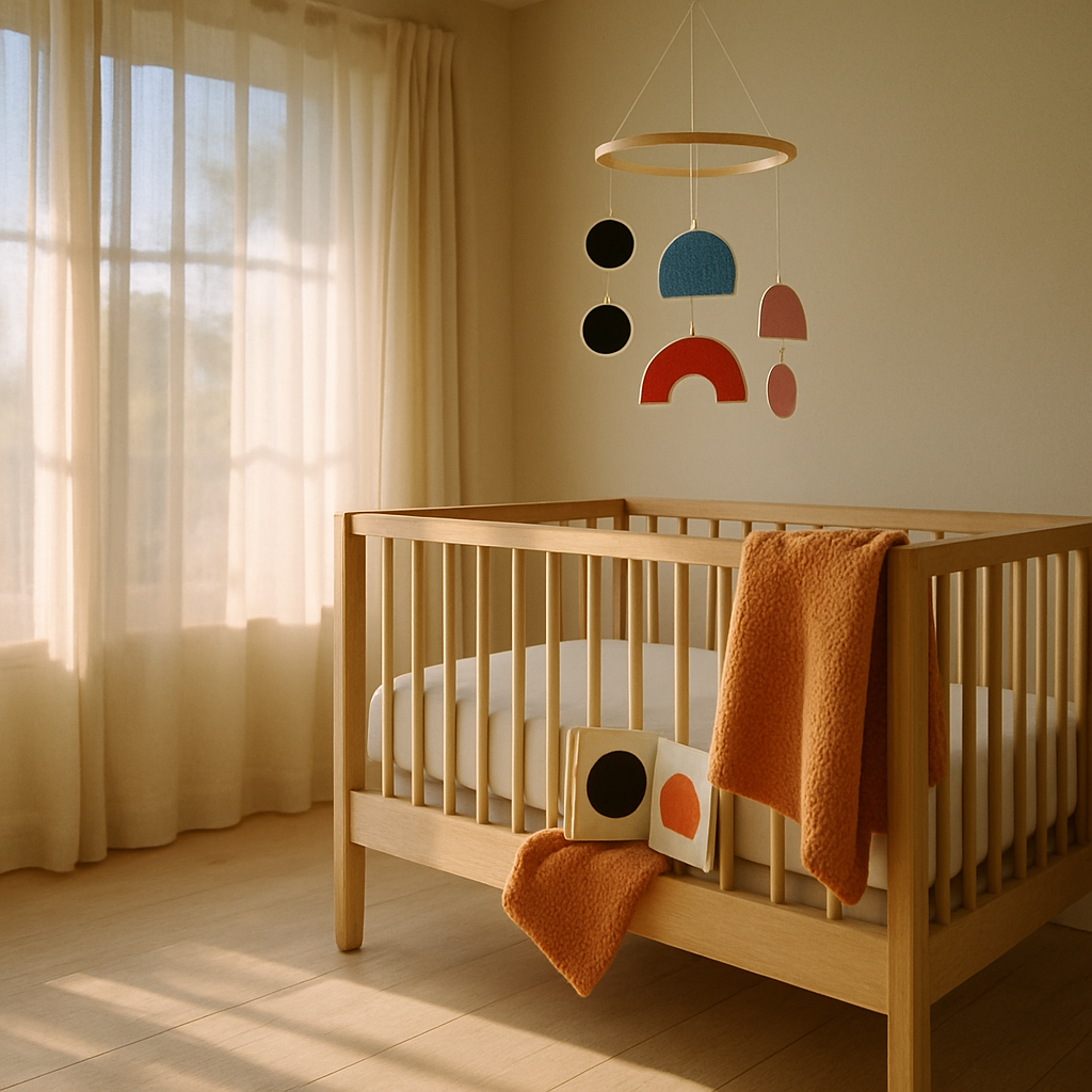 Aydınlık bebek odasında ahşap beşik üzerinde yüksek kontrastlı geometrik şekillerden oluşan mobil ve sunset turuncu örgü battaniye; yumuşak sabah ışığı — bebeklerde görme gelişimi 0-12 ay görsel algı rehberi