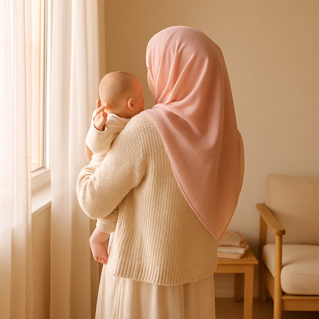 Pencere kenarında bebeğini kucağında tutarak yumuşak sesle konuşan tesettürlü anne, arkadan görünüm, sabah ışığı — bebeklerde işitme gelişimi