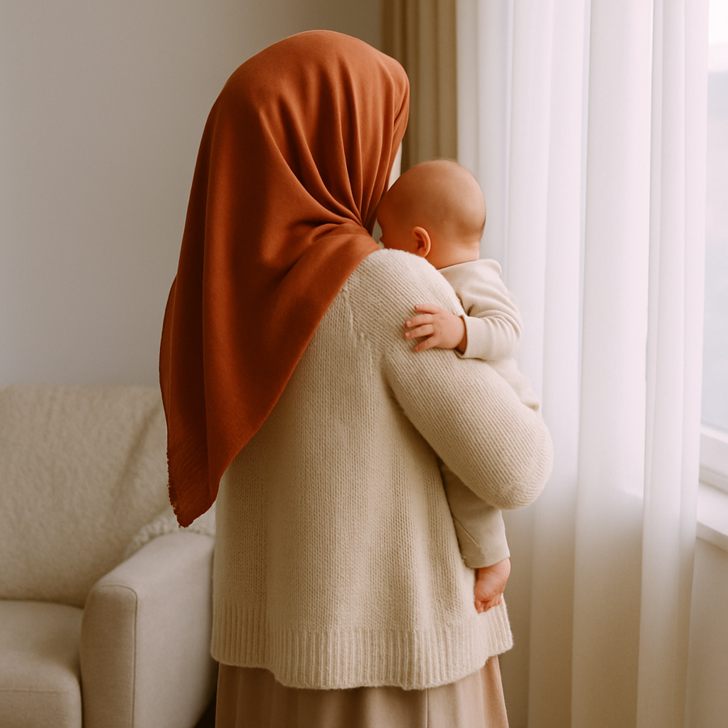 Pencere kenarında bebeğini kucağında tutan tesettürlü anne, sunset turuncu başörtüsü; arkadan görünüm — bebeklerde tat ve koku duyusu gelişimi