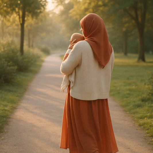 Doğum sonrası iyileşme döneminde bebeğini kucağında taşıyarak parkta sakin bir yürüyüş yapan tesettürlü anne; arkadan görünüm, sabah altın saat ışığı — doğum sonrası diyastaz ve karın toparlanması