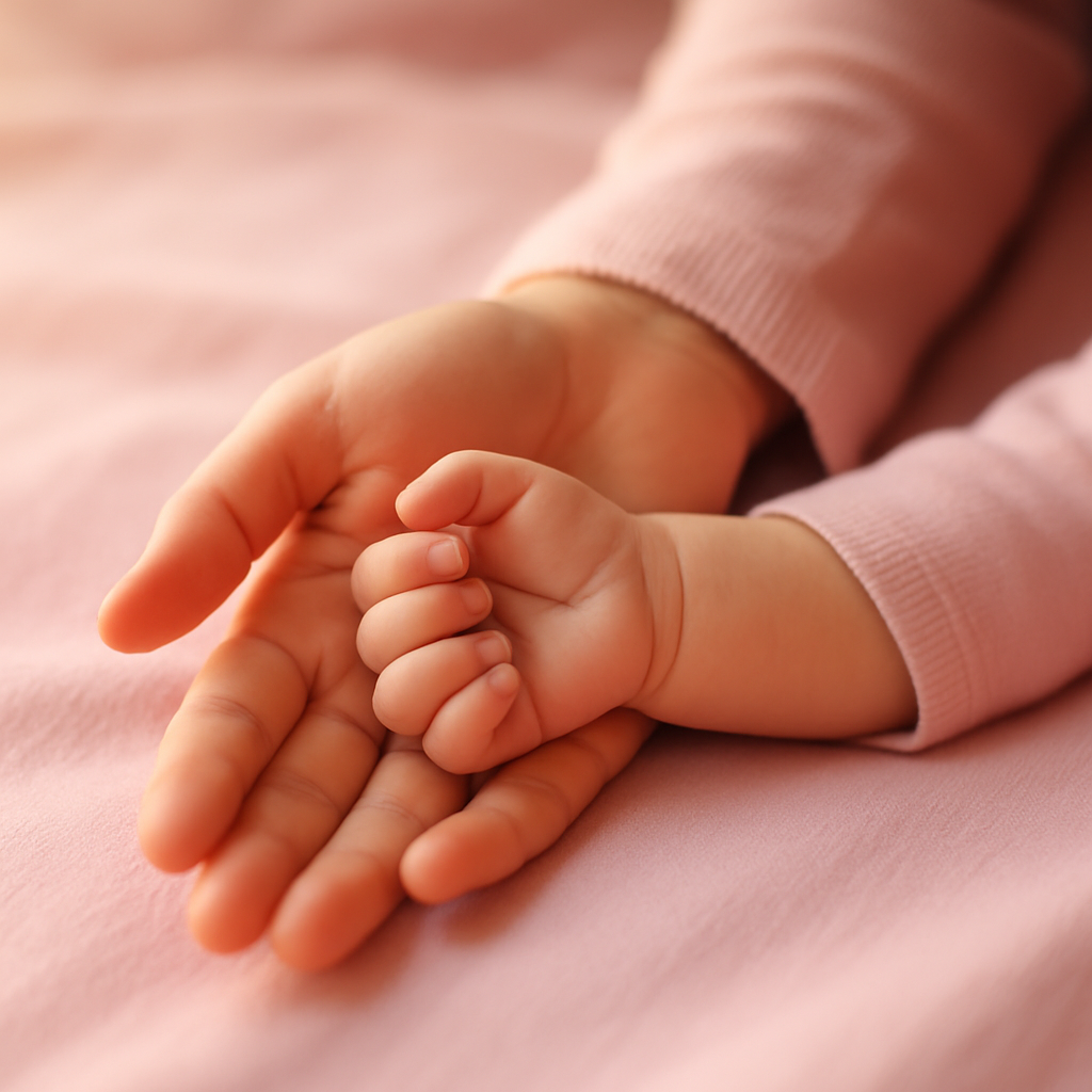 Petal pembe uzun kollu annenin avucunda dinlenen yenidoğan bebeğin minik elinin makro yakın çekimi, yumuşak ikindi ışığı — doğum sonrası gece terlemeleri ve lohusa toparlanma döneminde şefkat anı