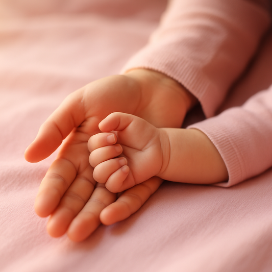 Petal pembe uzun kollu annenin avucunda dinlenen yenidoğan bebeğin minik elinin makro yakın çekimi, yumuşak ikindi ışığı — doğum sonrası gece terlemeleri ve lohusa toparlanma döneminde şefkat anı