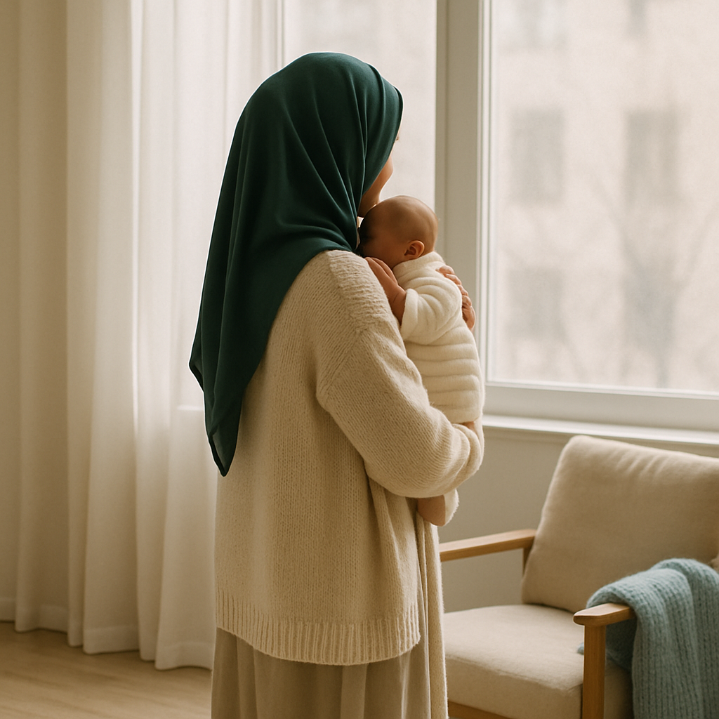 Pencere kenarında kundaklı yenidoğan bebeğini kucağında tutan orman yeşili başörtülü anne, arkadan görünüm — doğum sonrası ilk 6 hafta lohusa toparlanma dönemi
