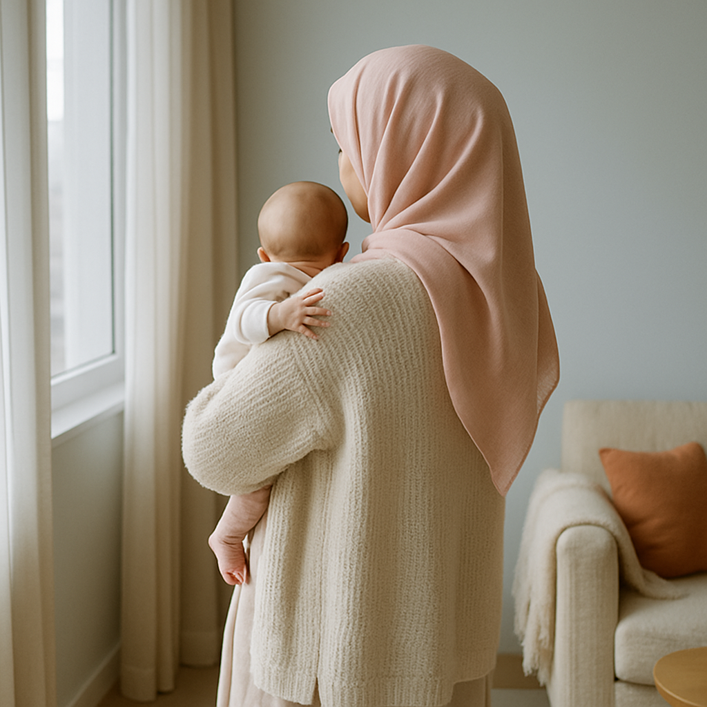 Pencere kenarında bebeğini kucağında tutan tesettürlü anne, petal pembe başörtüsü ve krem örgü hırka; arkadan görünüm — doğum sonrası saç dökülmesi ve lohusa öz bakımı