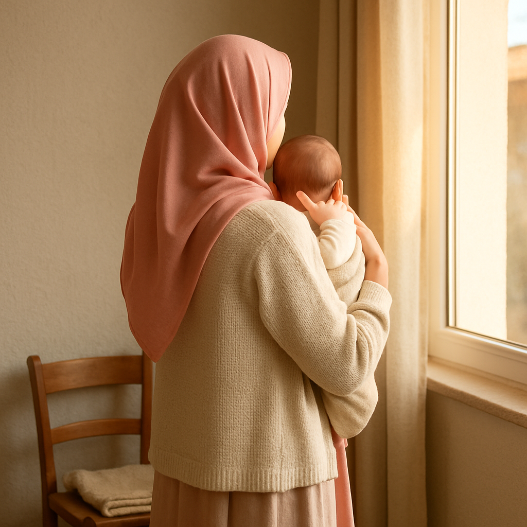 Sabah ışığında pencere kenarında kundaklı bebeğini dik ve rahat duruşla kucağında tutan petal pembe başörtülü anne, arkadan görünüm — doğum sonrası sırt ağrısı ve doğru emzirme duruşu