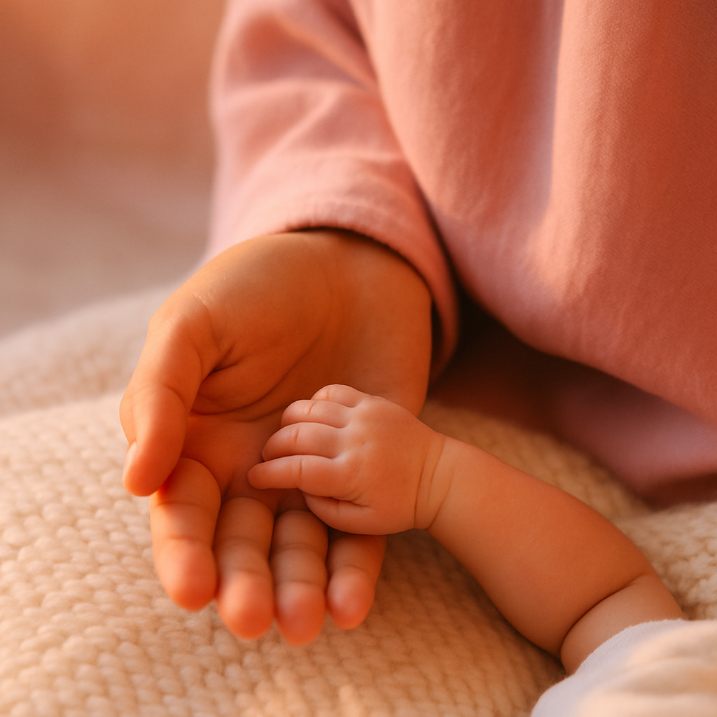 Petal pembe uzun kollu annenin avucunda dinlenen yenidoğan bebeğin minik elinin makro yakın çekimi, krem yün dokulu zemin ve petal pembe bokeh — doğum sonrası uyku yoksunluğu ve lohusa toparlanma döneminde şefkat anı