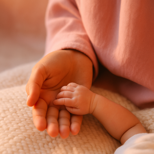 Petal pembe uzun kollu annenin avucunda dinlenen yenidoğan bebeğin minik elinin makro yakın çekimi, krem yün dokulu zemin ve petal pembe bokeh — doğum sonrası uyku yoksunluğu ve lohusa toparlanma döneminde şefkat anı