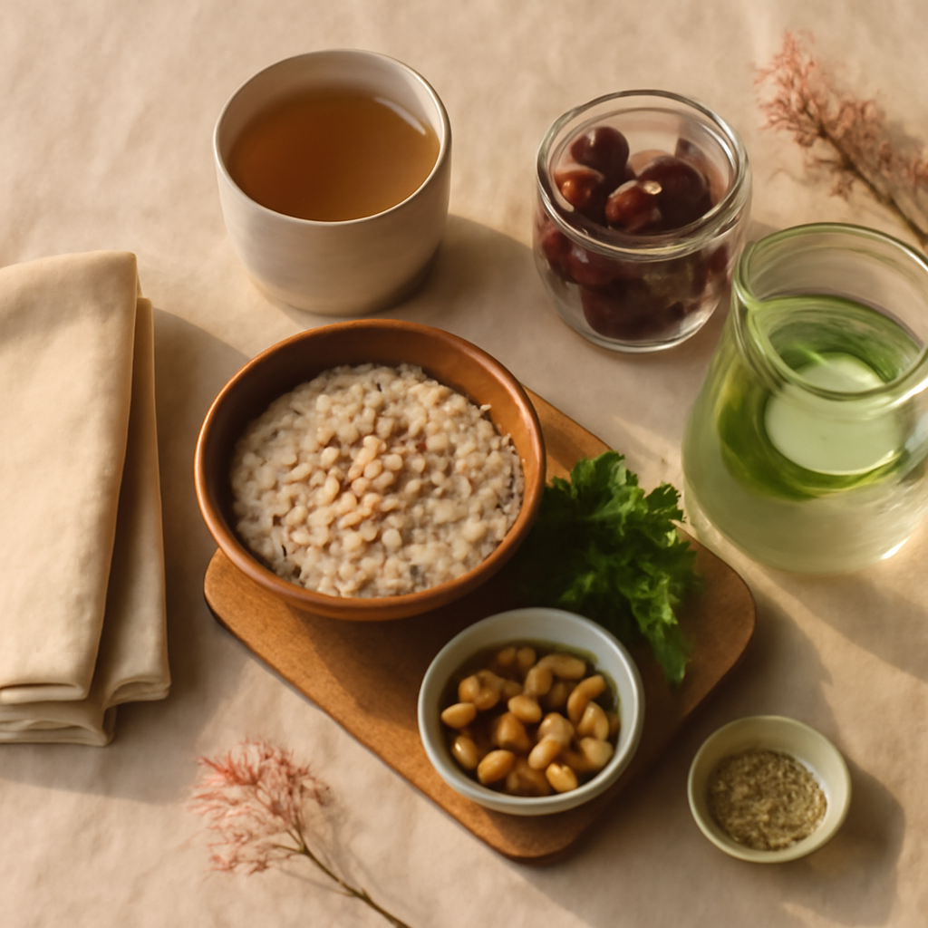 Emziren anne için besleyici kahvaltı: yulaf, rezene çayı, kuruyemiş, hurma ve maydanoz still life