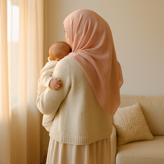 Sabah ışığında pencere kenarında kundaklı bebeğini kucağında tutan petal pembe başörtülü anne, arkadan görünüm — emzirmede süt kanalı tıkanıklığı ve rahatlama