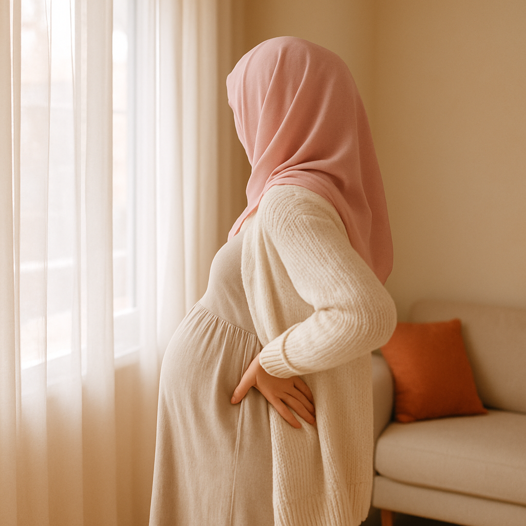 Sabah ışığında pencere kenarında duran, elini beline koymuş petal pembe başörtülü hamile anne; arkadan görünüm — hamilelikte bacak kramplarını hafifleten sakin an